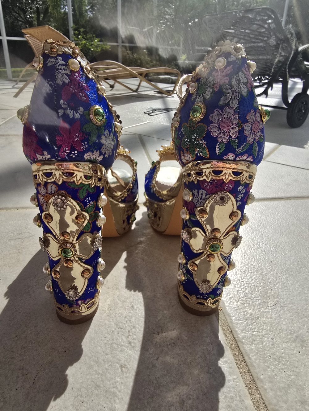 Embellished Blue Platform Heels with Gold Accents - Picture 7 of 7